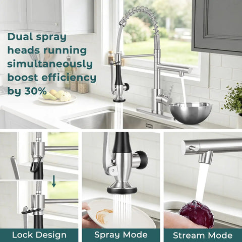 BDJM Kitchen Faucets with Pull Down Sprayer,NEW1 in brushed nickel showing dual spray heads and stream mode.