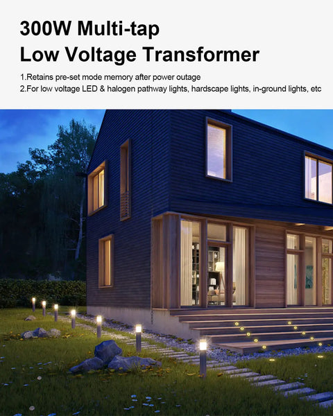 Dual Output 300W Low Voltage Landscape Transformer With Timer And Photocell Sensor lighting pathways near modern house