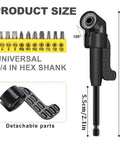 17-piece flexible drill bit extension set with yellow bit holder, 1/4 in hex shank and 105° right-angle head.