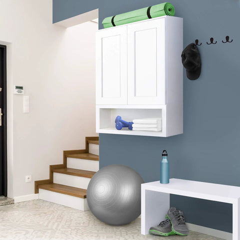 Brookings Shaker Wall Kitchen Cabinet 24W x 12D x 30H Painted White Solid Wood With Soft Close Doors installed in a home gym setting