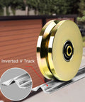 6-inch gold-colored solid steel V-groove wheel with dual sealed bearings on inverted V-track (side view)