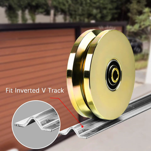 6-inch gold-colored solid steel V-groove wheel with dual sealed bearings on inverted V-track (side view)