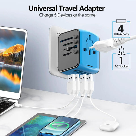 All In One Worldwide Travel Power Adapter With Four USB Ports And AC Outlet For Two Hundred Countries Pocket Sized And Lightweight Ideal For Biz Trips And Vacations Not A Voltage Converter in use with multiple devices
