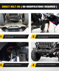 Nilight front bumper for Jeep Wrangler JK/JKU with winch plate; black steel, direct bolt-on, four-view collage (front, side, close-up, installed).
