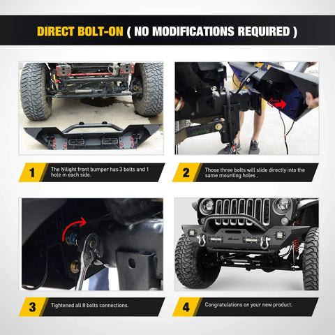 Nilight front bumper for Jeep Wrangler JK/JKU with winch plate; black steel, direct bolt-on, four-view collage (front, side, close-up, installed).
