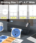 Bluetooth Thermal Shipping Label Printer For 4x6 Shipping Labels Wireless And Dead Simple To Use Works With Android iPhone Windows Mac Boss For Amazon Shopify Etsy USPS And More No Ink No Toner Clean Fast Printing showing printing size options with printer and labels