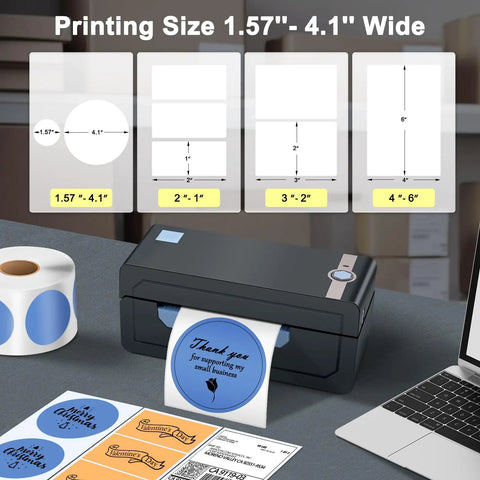 Bluetooth Thermal Shipping Label Printer For 4x6 Shipping Labels Wireless And Dead Simple To Use Works With Android iPhone Windows Mac Boss For Amazon Shopify Etsy USPS And More No Ink No Toner Clean Fast Printing showing printing size options with printer and labels