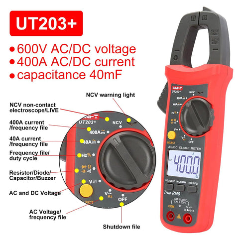 UT203 Digital Clamp Meter For AC And DC Current with True RMS and backlit LCD display, showcasing measurement features and specifications.