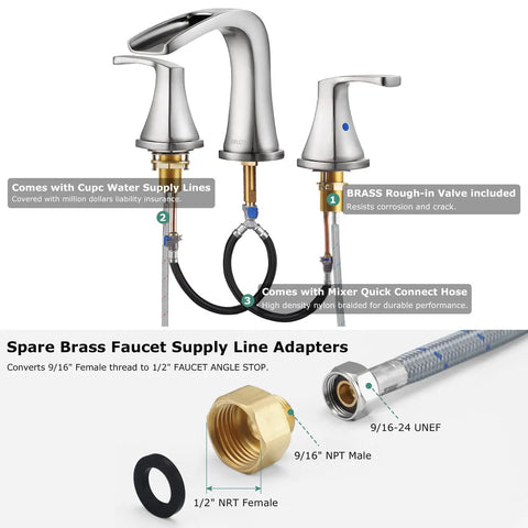 Two Handle Widespread Waterfall Roman Bathtub Faucet With Valve In Brushed Nickel Tub Filler showing connectors and adapters