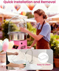 Clear Acrylic Dome Cotton Candy Machine Cover on 14.96 Inch Floss Maker, detachable design, demonstrated by woman at outdoor event