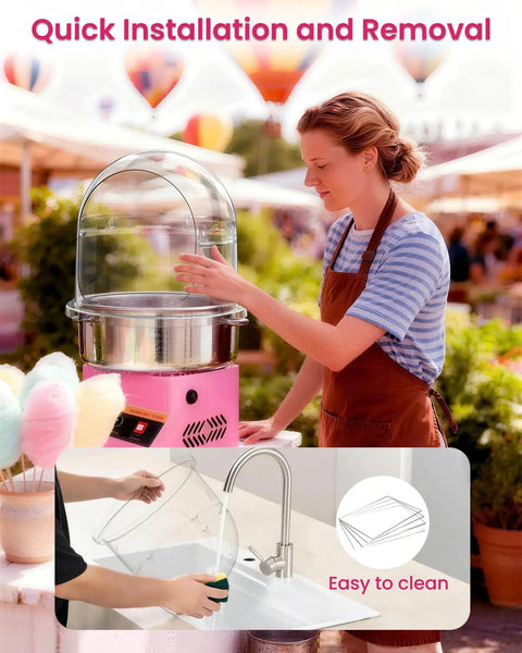 Clear Acrylic Dome Cotton Candy Machine Cover on 14.96 Inch Floss Maker, detachable design, demonstrated by woman at outdoor event