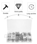 Your Go To 200 Piece Spring Assortment Kit With Compression And Extension Springs in clear plastic case with size chart.