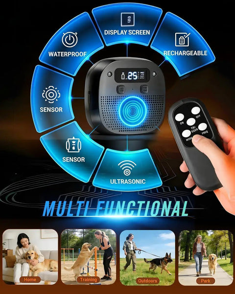 Ultrasonic Dog Bark Control Device With Sensor Tech, Remote, And Adjustable Modes For Indoor Outdoor Use, Rechargeable Bark Deterrent With 15-35KHz Frequency, Keeps Your Home Quiet And Your Nerves Chill. black ultrasonic bark control device with remote and display screen