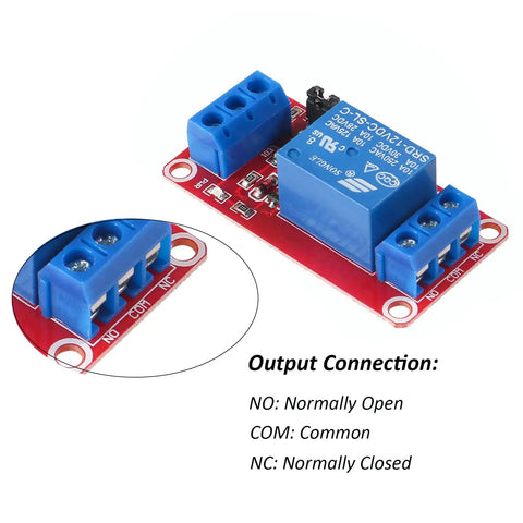 12 Pack 12V Relay Module 1 Channel Board With Optocoupler For High And Low Level Trigger Supports 250V 10A AC And 30V DC With Screw Terminals And Indicator Great For DIY Projects, showing blue relay module with screw terminals and connection labels NO, COM, NC.