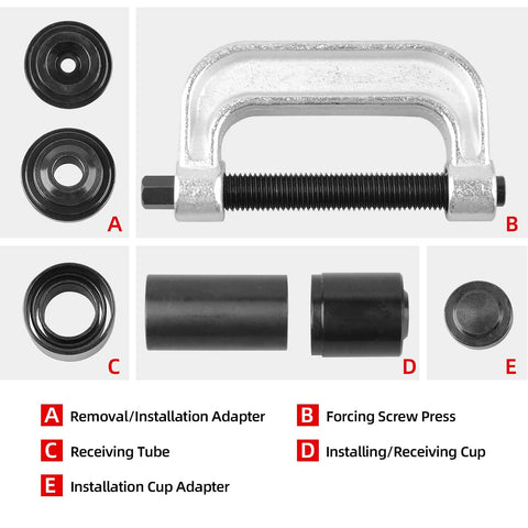 Ball Joint Press And U Joint Removal Kit With 4x4 Adapters For Most 2WD And 4WD, showing components and adapters labeled A to E