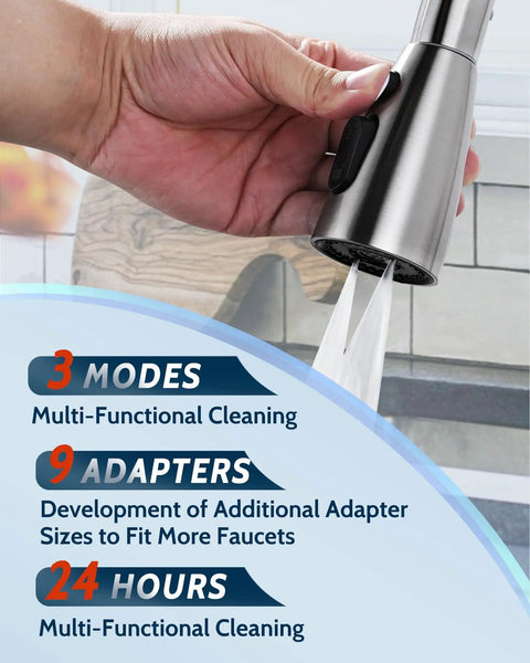 Built Tough Stainless Steel Kitchen Faucet Head Replacement with three spray modes in hand, demonstrating easy functionality.