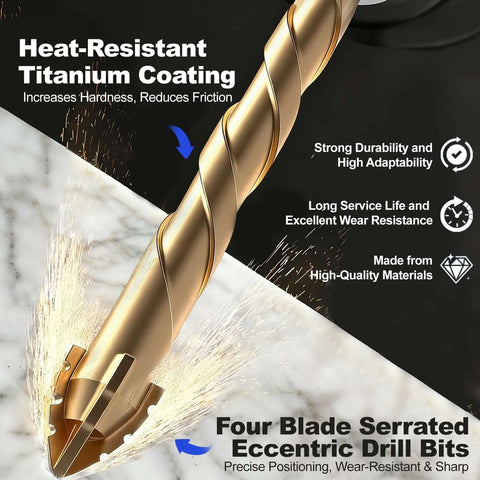 Masonry drill bit set, 10 pcs, four-blade serrated eccentric carbide bits for brick, tile, marble, 3/16–1/2 in