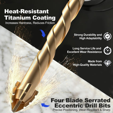 1/4 Inch Masonry Drill Bit Set 5 Pack With Carbide Tips, serrated four blade concrete drill bit showing heat-resistant titanium coating