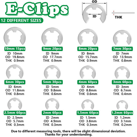 Pro-Grade 304 Stainless Steel Snap Ring Kit With E Clips And C Clips, 26 Sizes, external retaining rings diagram, 12 E clip sizes