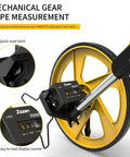 Measuring Wheel For Feet And Inches With Mechanical Double Collapsible Design One Key Reset Kickstand Start Point Arrow And Cloth Carrying Bag 9999 Feet Max Distance displayed with gear type measurement features