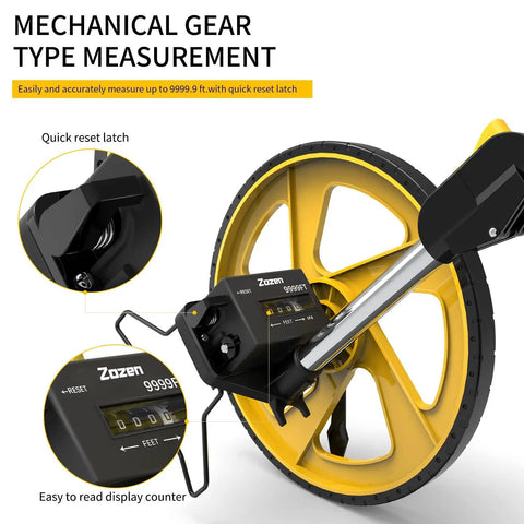 Measuring Wheel For Feet And Inches With Mechanical Double Collapsible Design One Key Reset Kickstand Start Point Arrow And Cloth Carrying Bag 9999 Feet Max Distance displayed with gear type measurement features