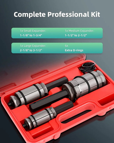 3-Piece Pipe Expander Tool Set 1/8 To 3-1/2 Inch Capacity Tail Pipe Expander And Muffler Spreader in red case