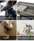 Diamond core drill bit, 1-3/8 in, 5/8-11 thread for granite; collage shows granite drilling, faucet holes, stone floor.