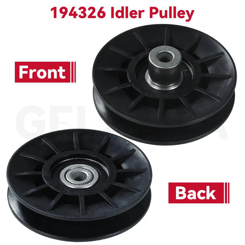 Front and back view of 194326 Idler Pulley from Two Pack V Groove And Flat Idler Pulleys Replaces 194326 194327 For Husqvarna YTH Decks