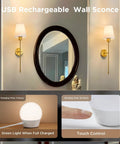 No Wiring Headaches Premium Gold Wall Sconces Set Of Two Battery Operated Cordless Light Fixtures With E26 Socket And Rechargeable Bulbs Sleek Modern Room Decor And Quick Install featuring charging indicator and touch control.