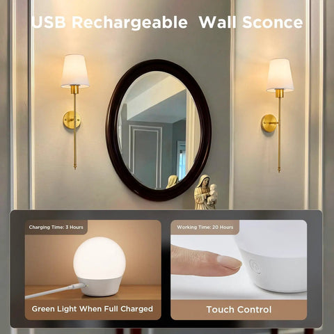 No Wiring Headaches Premium Gold Wall Sconces Set Of Two Battery Operated Cordless Light Fixtures With E26 Socket And Rechargeable Bulbs Sleek Modern Room Decor And Quick Install featuring charging indicator and touch control.