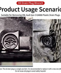 VW And Audi 11 Pack Oil Drain Plug Kit With Removal Tool For 1.8L 2.0L TSI Golf GTI Passat, A3 A4 A5 Q5 Q7 Leakproof Engine Sump Bolt Set That Fits Like A Glove; oil drain plug wrench in use on VW Audi Gen 3 EA888 plastic drain plugs