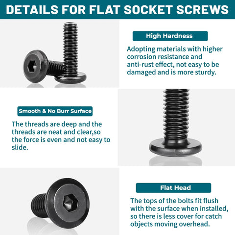 Toolbox Essential 304 Stainless Steel Hex Socket Cap Screws And Bolts 1/4 20 X 1 1/2 Inch Flat Head showing details of flat socket screws.