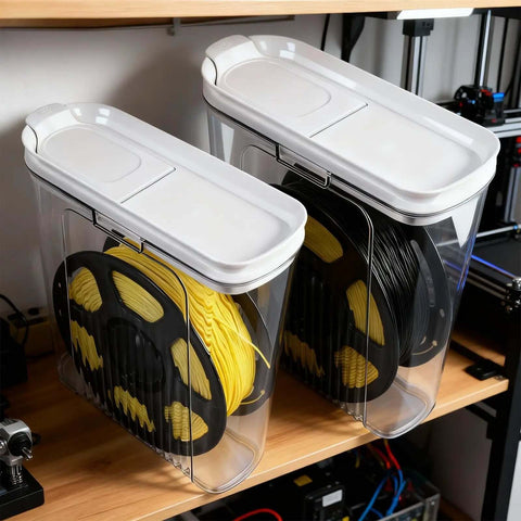 Moisture Proof And Dust Proof 3D Printing Filament Storage Box Set, 4 Pack With Desiccants showing clear box storing filament spools
