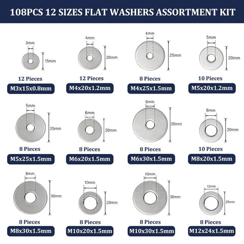 Stainless Steel Fender Washers Set 108 Pcs 12 Sizes From M3 To M12 304 Grade Wide Flat Washers Assortment Kit For Hardware