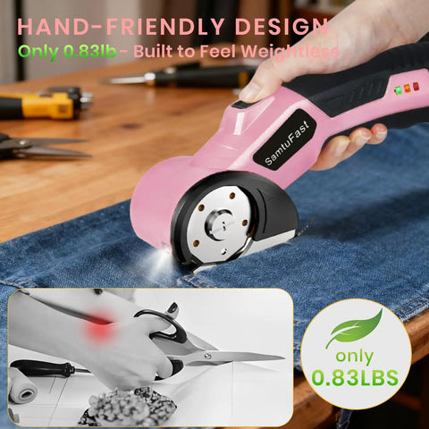 SamtuFast Cordless Electric Scissors, Lightweight Rotary Box Cutter with ergonomic grip cutting denim, only 0.83lbs.