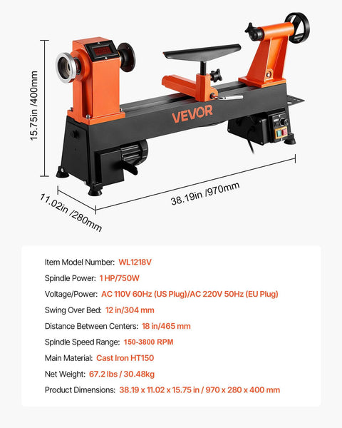 Front view of a Benchtop Wood Lathe With 1 HP Motor, Variable Speed 150 To 3800 RPM, 12 By 18 Inch Work Area, Cast Iron Frame.