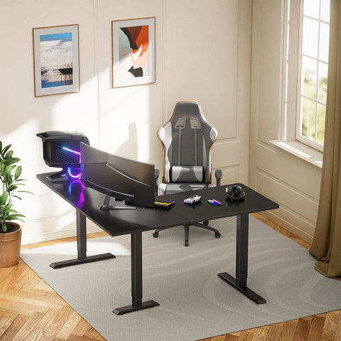 L Shaped Standing Desk 63 By 55 Inches Electric Sit Stand Table With Adjustable Height, ergonomic setup, black finish