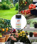 Easy To Use 0 To 14 pH Soil Test Strips Kit For Indoor And Outdoor Gardens with images of vegetables, fruits, flowers, and potted plants