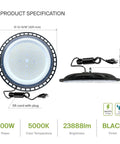 Powerhouse 200W LED Low Bay Light with plug, 5000K daylight, 23900 lumens, IP65, black round design, for industrial use