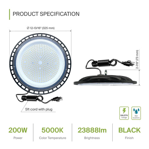 Powerhouse 200W LED Low Bay Light with plug, 5000K daylight, 23900 lumens, IP65, black round design, for industrial use