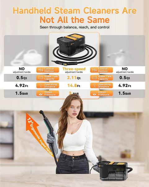 Heavy Duty Handheld Steam Cleaner Getting Every Stain Out With 3 Level Adjustable Handle And 18 Piece Accessory Kit For Zero Drama Deep Cleaning On Floors Matte Black, featuring ergonomic angled handle.