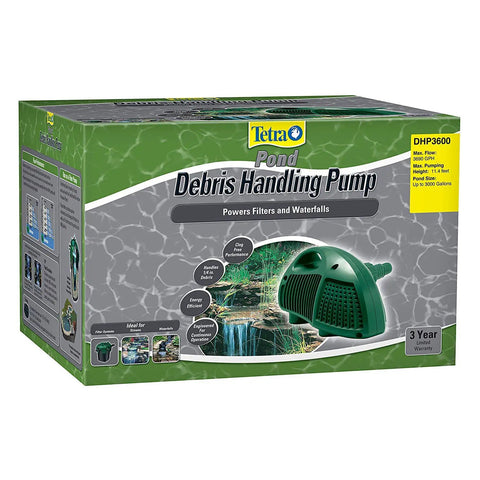 Packaging of No-Nonsense Debris-Handling Pond Pump For Waterfalls And Streams, with image of pump and waterfall, Tetra brand