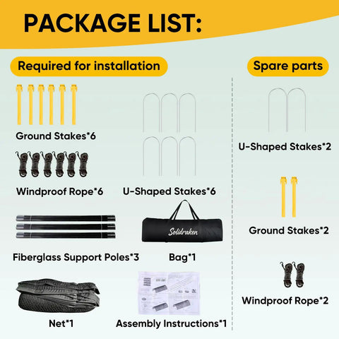 Package contents for backyard baseball and softball batting cage with enclosed net and pitching hole, including stakes and bag.