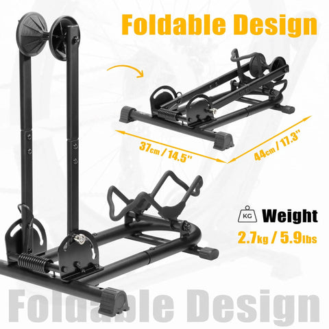 Foldable Bike Stand Floor Rack For MTB And Road Bikes With Quick Fold Design showing folded and extended views, 2.7kg weight.