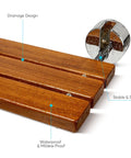 Close-up of 20-Inch Teak Folding Shower Seat Bench with Wall Mount, showing waterproof teak and stainless frame detail.
