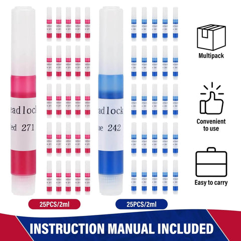 Thread Locker Duo Pack Blue 242 And Red 271 In 2ml Bottles 50 Pack Total 25 Packs Each Medium To High Strength Locking Compound