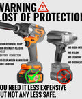 Bingoway 1/2 Inch Brushless Cordless Impact Wrench 900Nm High Torque with warning label on features and comparisons.