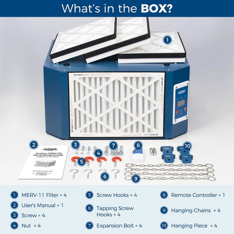 What's in the box for Rock Solid 360 Degree Intake Air Filtration System With 1350 CFM Vortex Fan and accessories included.