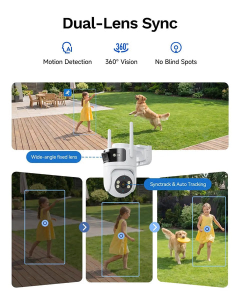 Solid Build 2K Dual Lens Outdoor Security Camera With Pan Tilt Control capturing a girl and dog in backyard, showcasing motion tracking features.