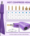Hotfix Rhinestone Setter Kit With 7 Tips And Quick Heat Wand Diamond Bowl Stand Tweezers Cleaning Brush Wax Pens And 3 Boxes Of Colorful Crystals For DIY Embellishments And Jewelry Making Purple, showing purple tool and tips.